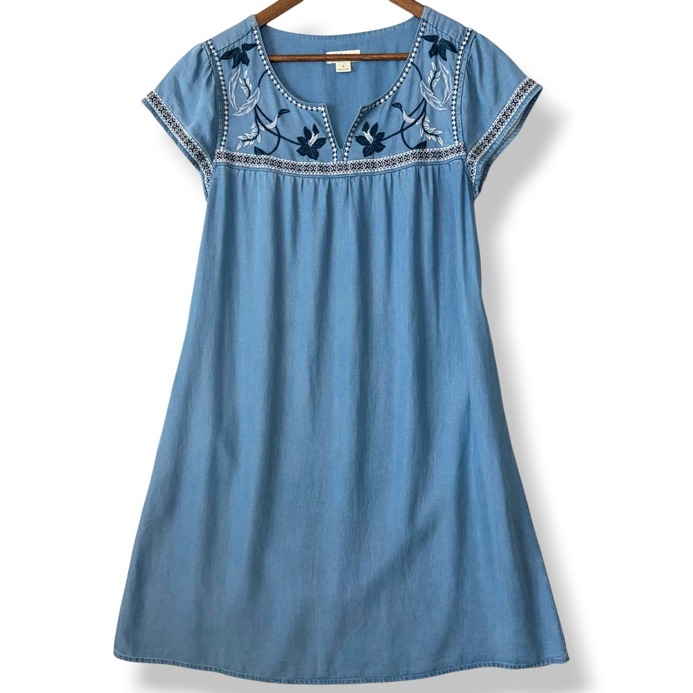 Style & Co Dress S 100% Tencel Lyocell Chambray Embroider Blue Tie Waist Floral